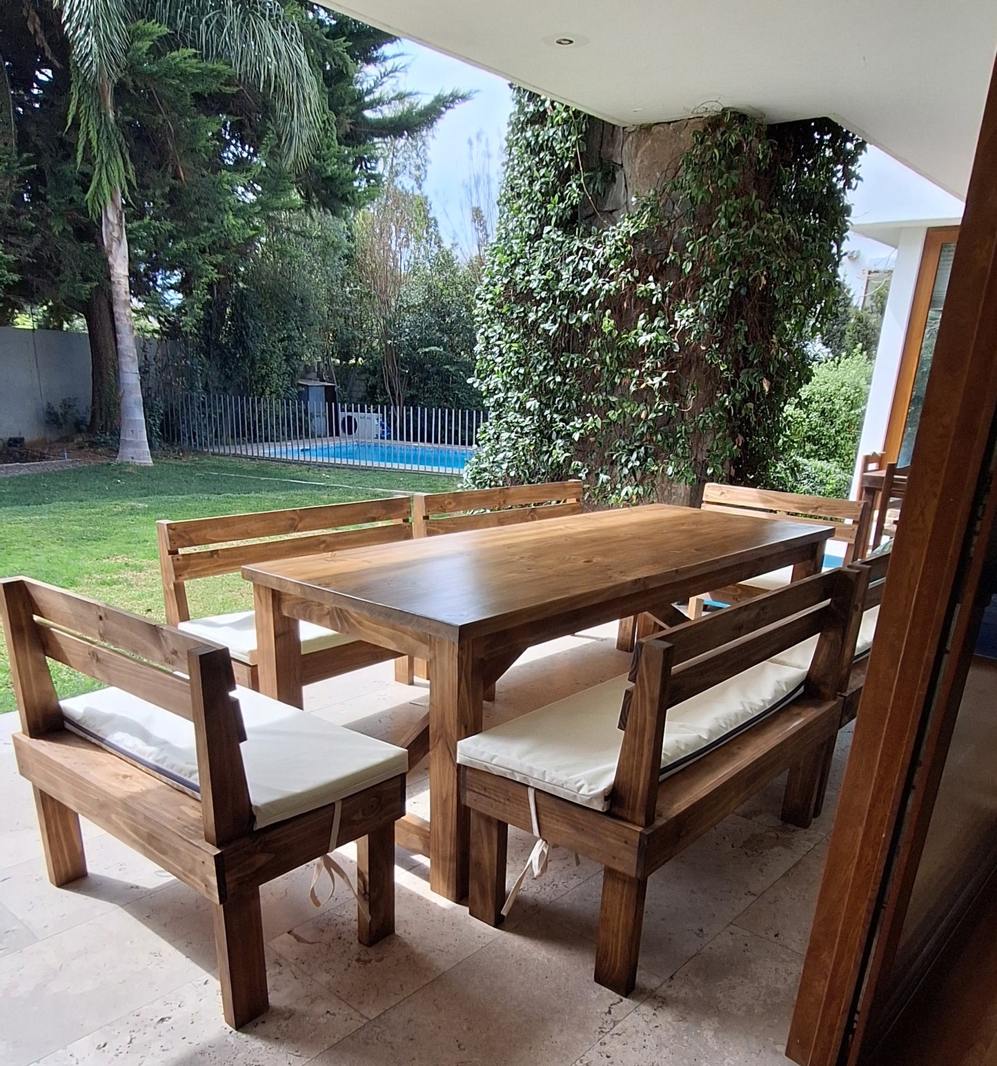 Comedor Terraza Madera con Banquetas - Modelo Campo 10 Personas