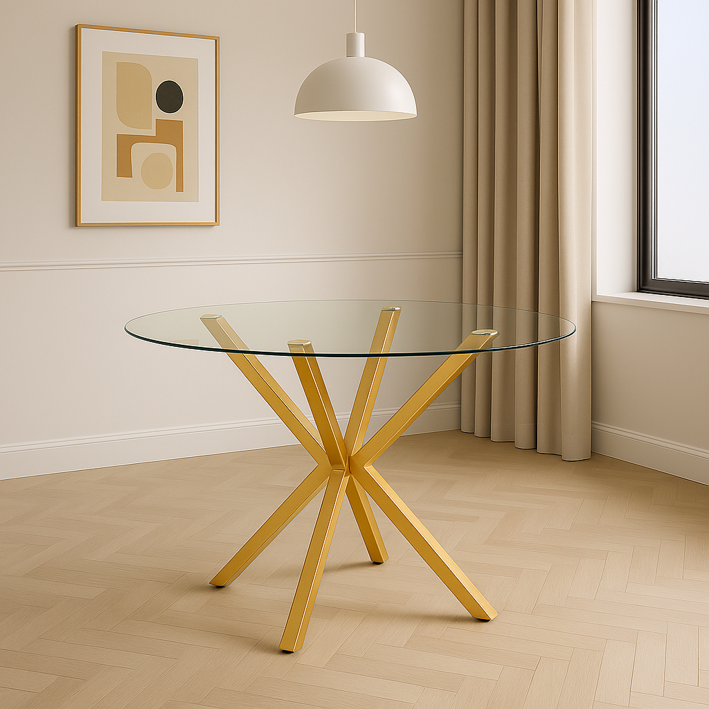 Mesa Vidrio Cross 100 Cm + 4 Sillas Capitone Macron Gold