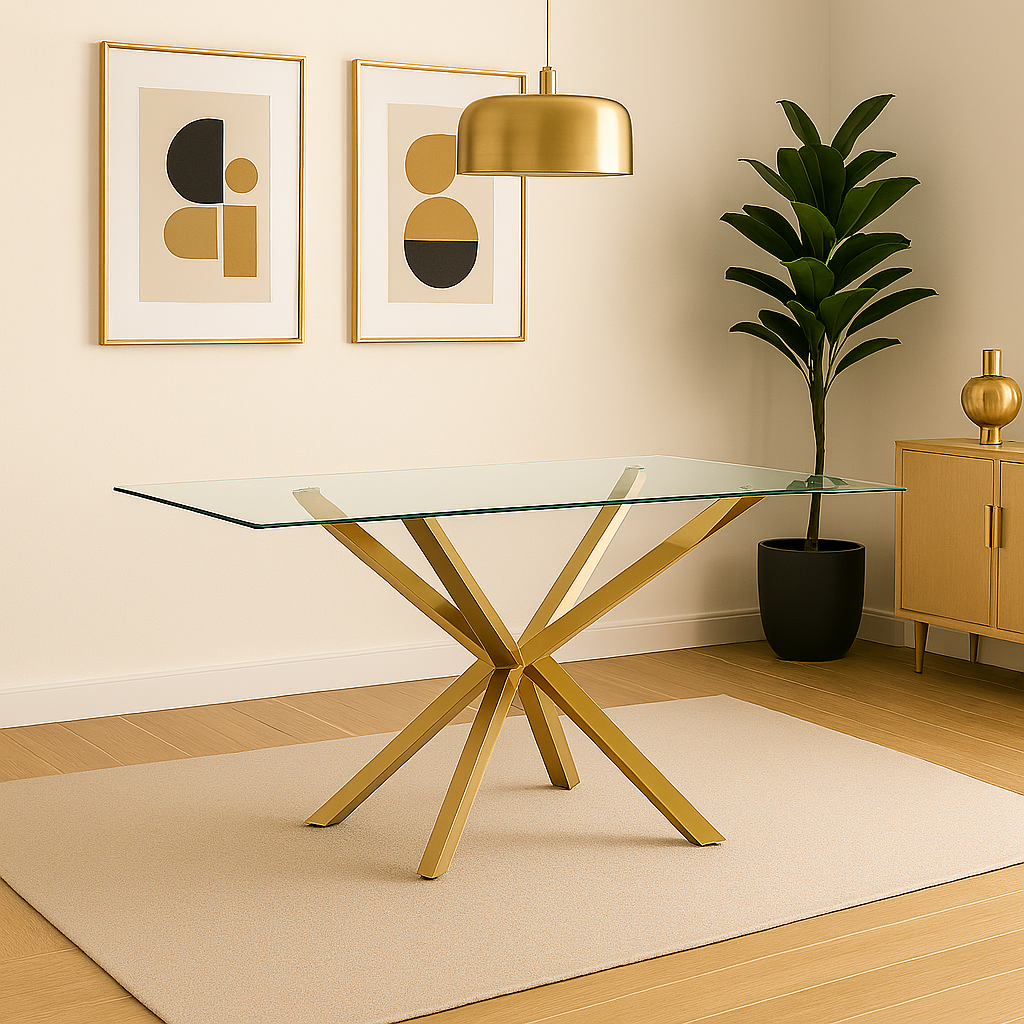 Mesa Madrid Vidrio Gold 140x80 Cm + 6 Silla Velvet Diamante Gold