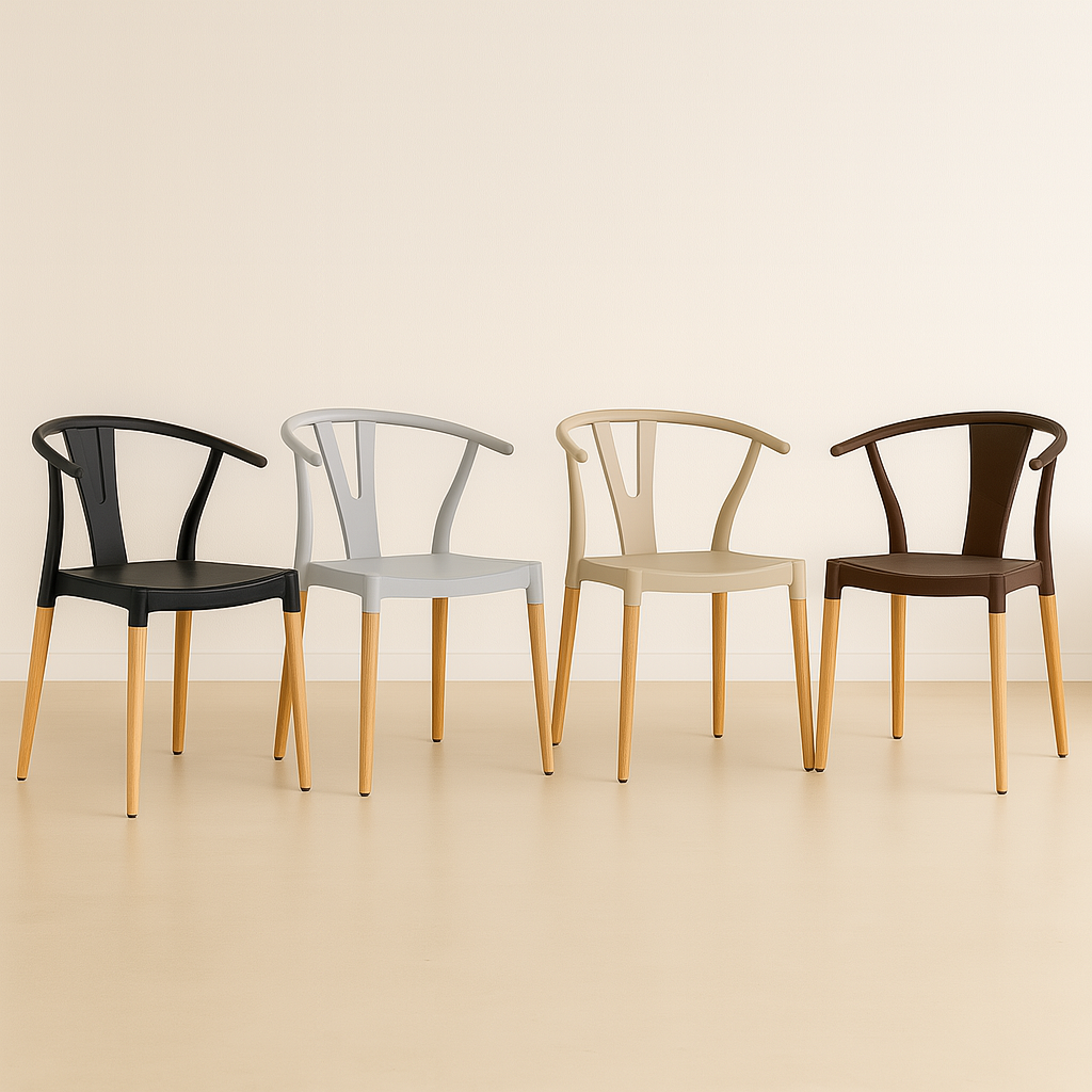 Comedor Industrial Madera Natural 240x90 + 8 Sillas Wishbone Polipropileno