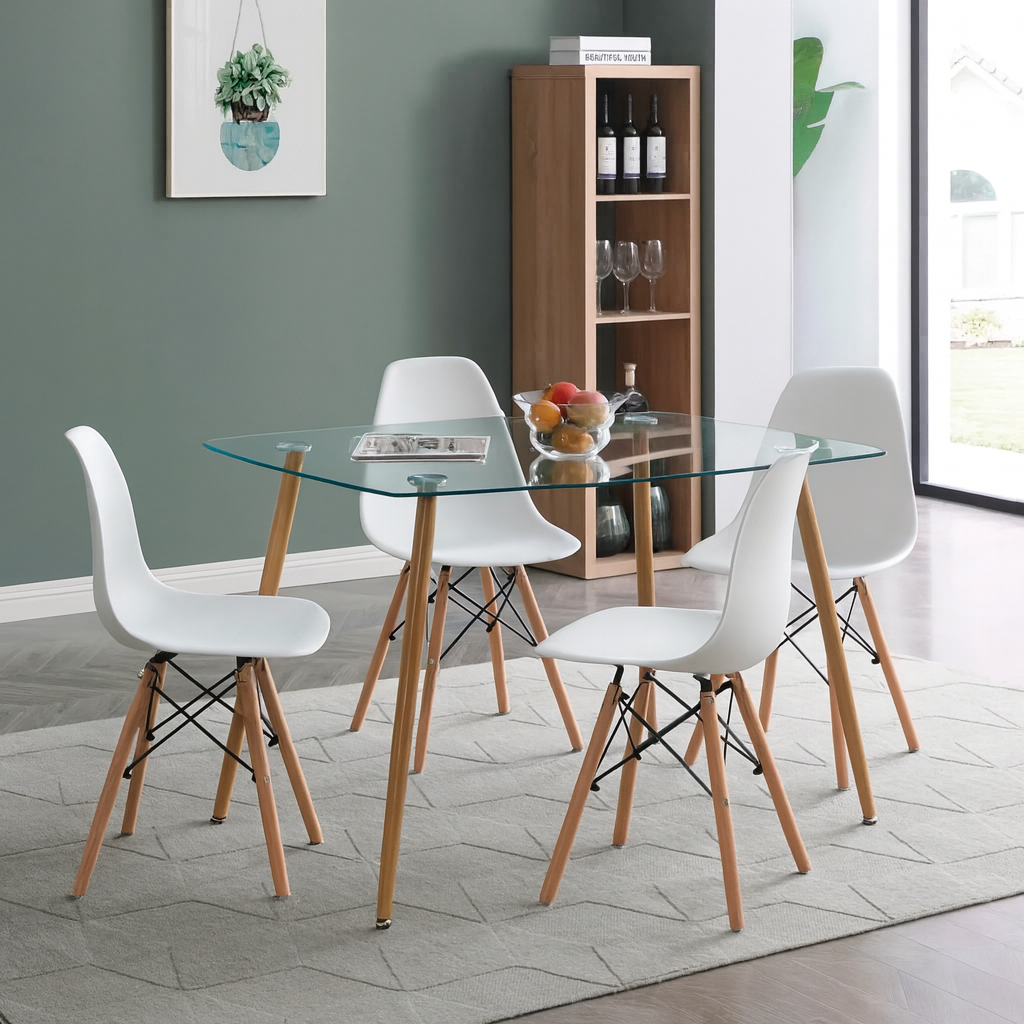 Mesa Vidrio Scoop 120x80 Cm + 4 Sillas Eames