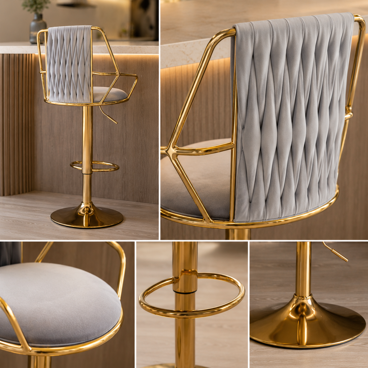 Taburete Queen High Velvet - Terciopelo Base Dorada Regulable