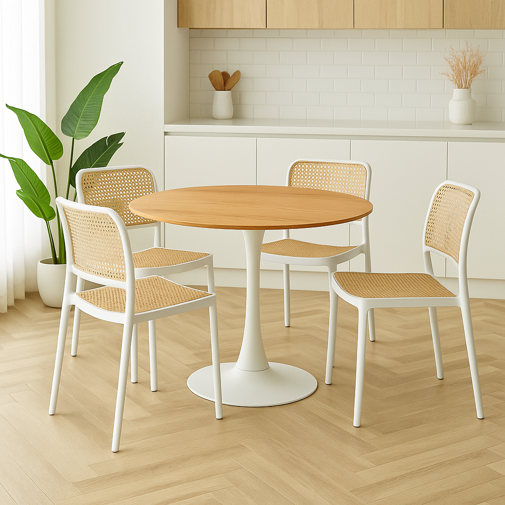 Mesa Tulip Wood 100 Cm + 4 Sillas Delta Blanca