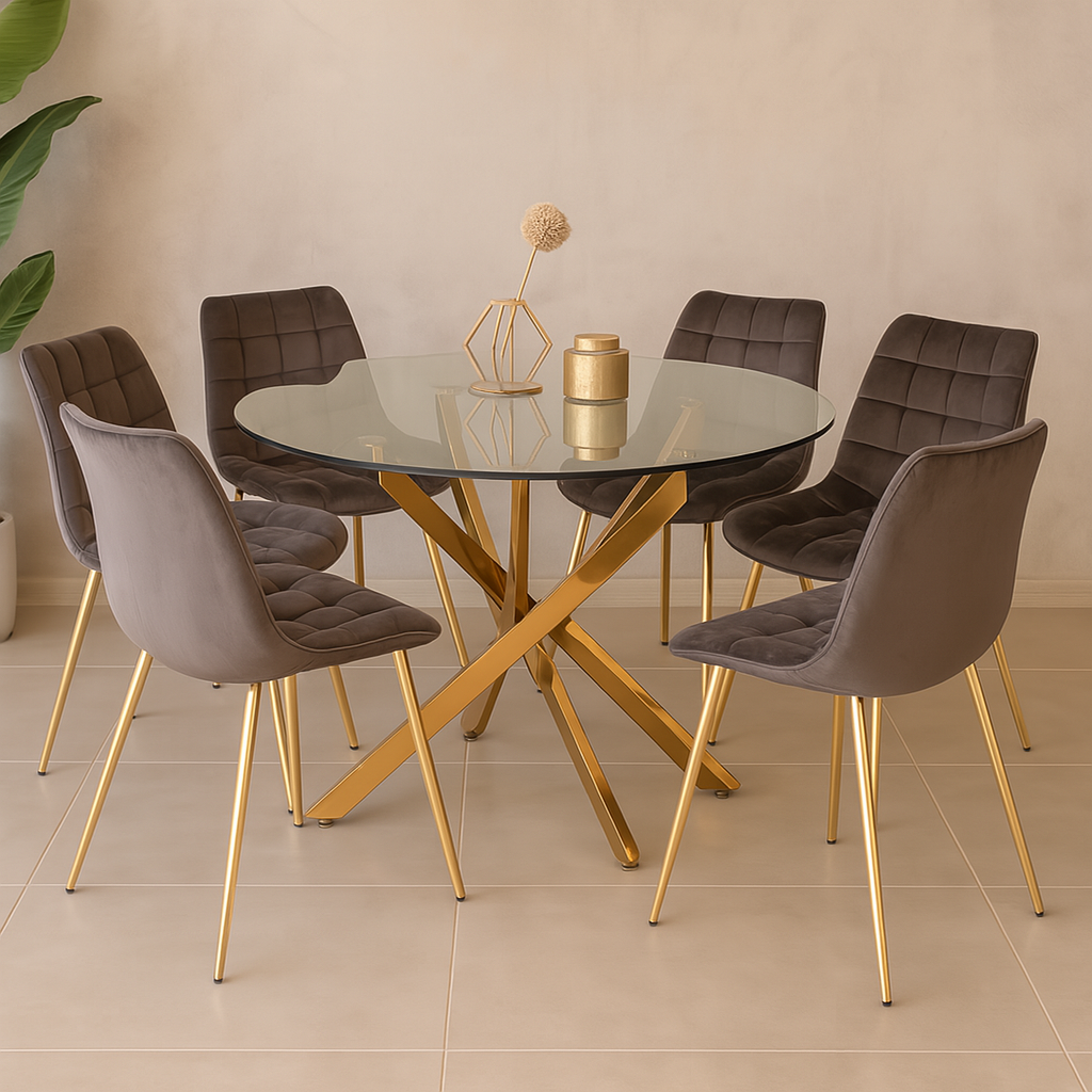 Mesa Dubai Vidrio 120 Cm + 6 Silla Capitone Macron Gold