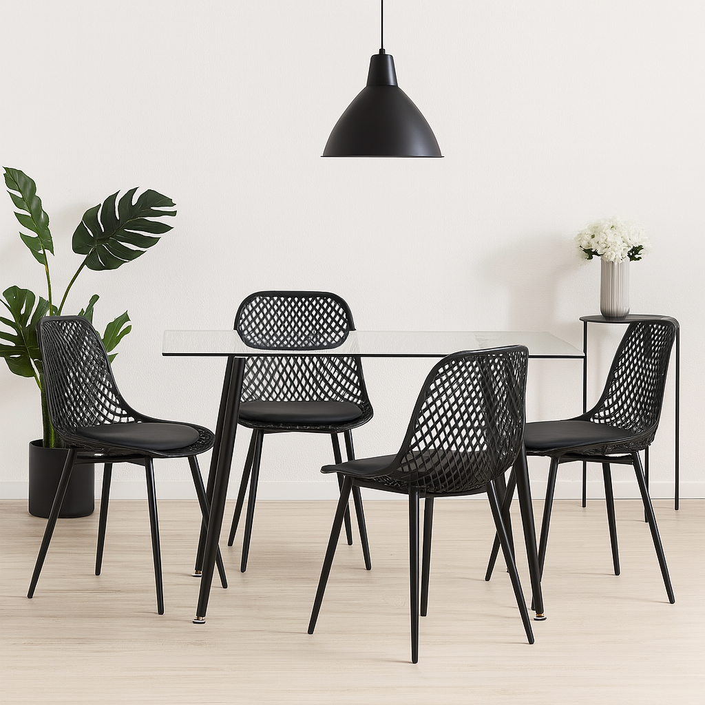 Mesa Vidrio Lyon Black 130x80 Cm + 4 Sillas Europa Negra
