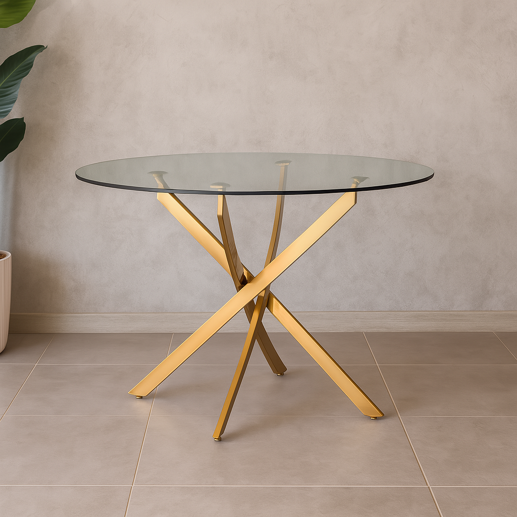 Mesa Dubai Vidrio 120 Cm + 6 Silla Capitone Macron Gold