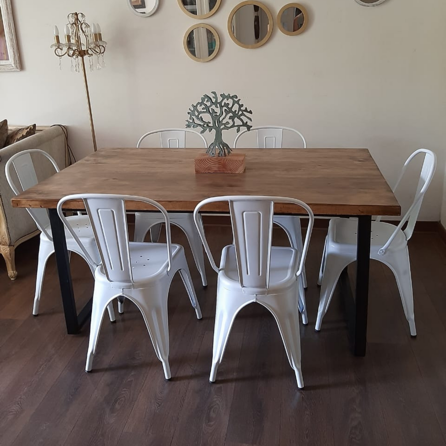 Comedor Industrial Madera Natural 160x90 + 6 Sillas Tolix de Acero