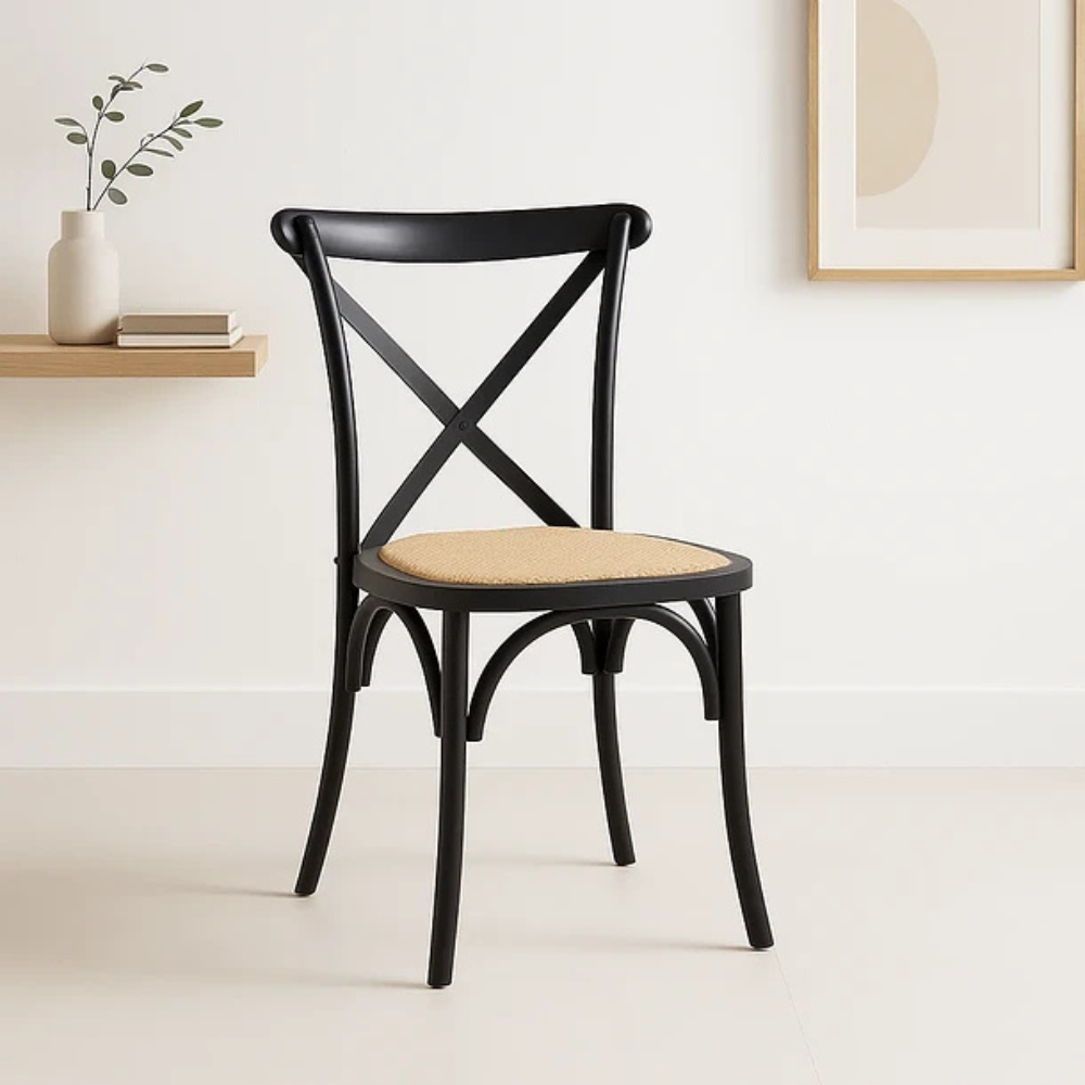 PREVENTA Silla Crossback Madera Negra - Asiento Rattan Semi Acolchado