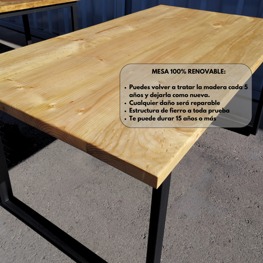 Comedor Terraza Industrial Madera Natural 240x90 + 8 Sillas Wishbone Polipropileno