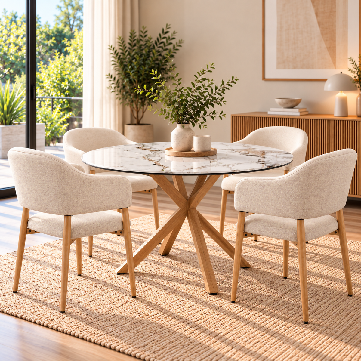 Comedor 4 Sillas Sitial Diana Lino + Mesa Madrid Stone Redonda