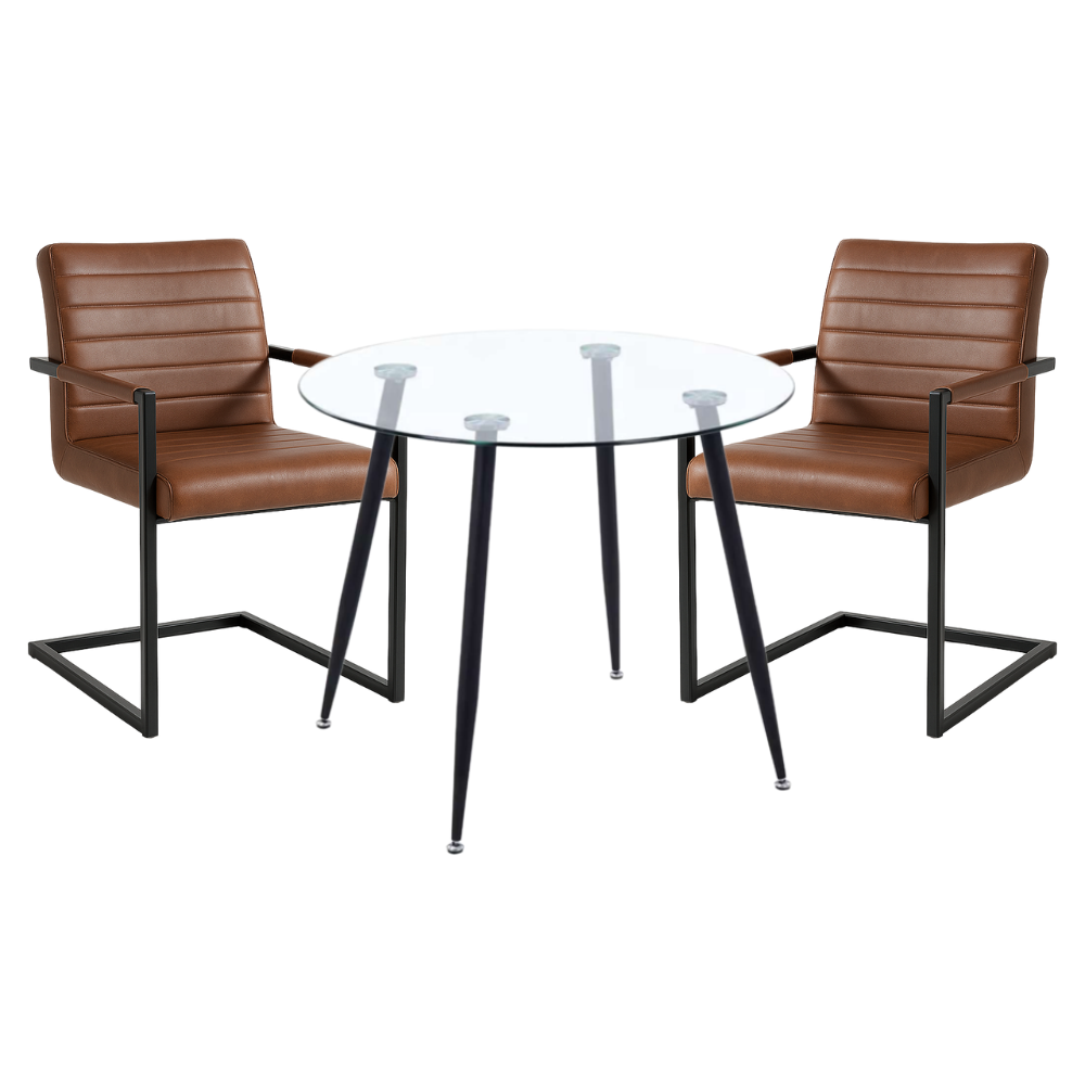 Comedor Mesa Vidrio Lyon 80 Cm + 2 Sitial Industrial Leder