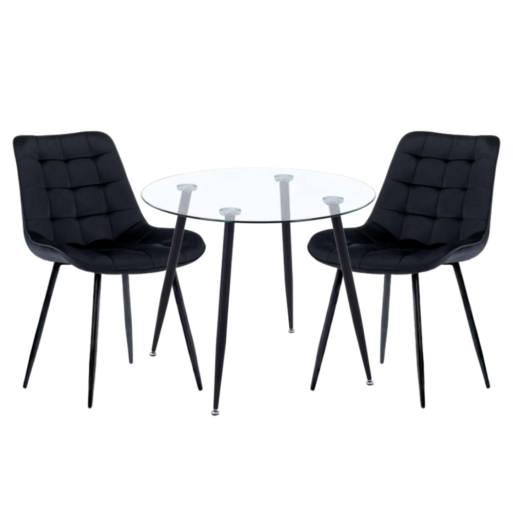 Comedor Mesa Vidrio Lyon 80 Cm + 2 Sillas Capitone Macron