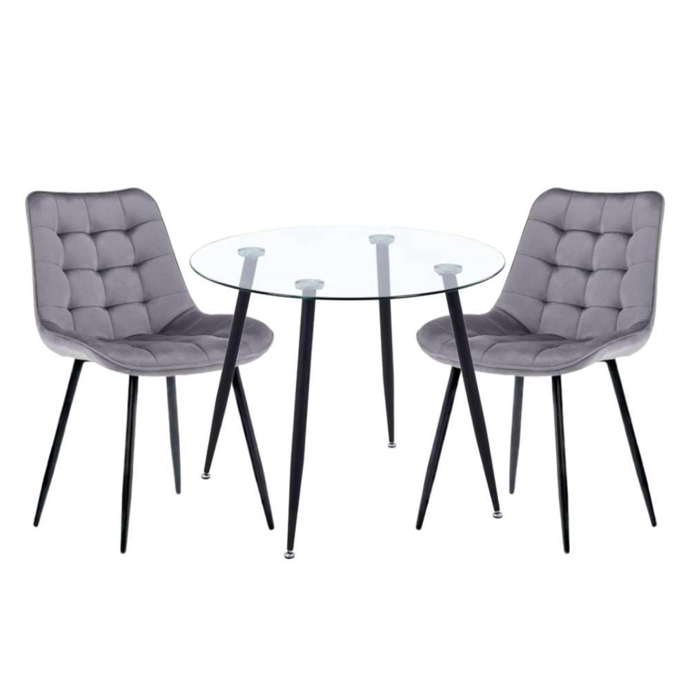 Comedor Mesa Vidrio Lyon 80 Cm + 2 Sillas Capitone Macron
