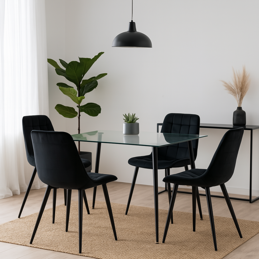 Mesa Vidrio Lyon Black 130x80 Cm + 4 Sillas Capitone Macron