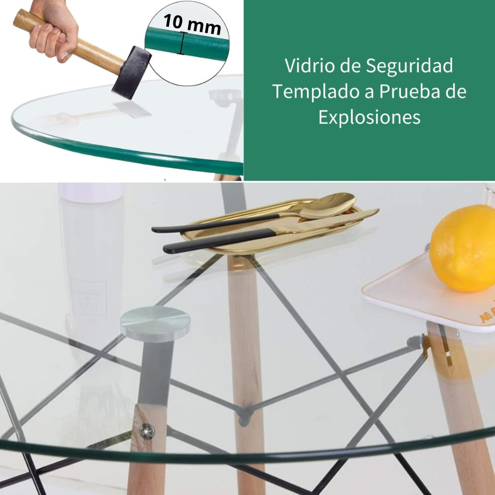 Mesa Eames Vidrio 100 Cm + 4 Sillas Tulip Acolchadas