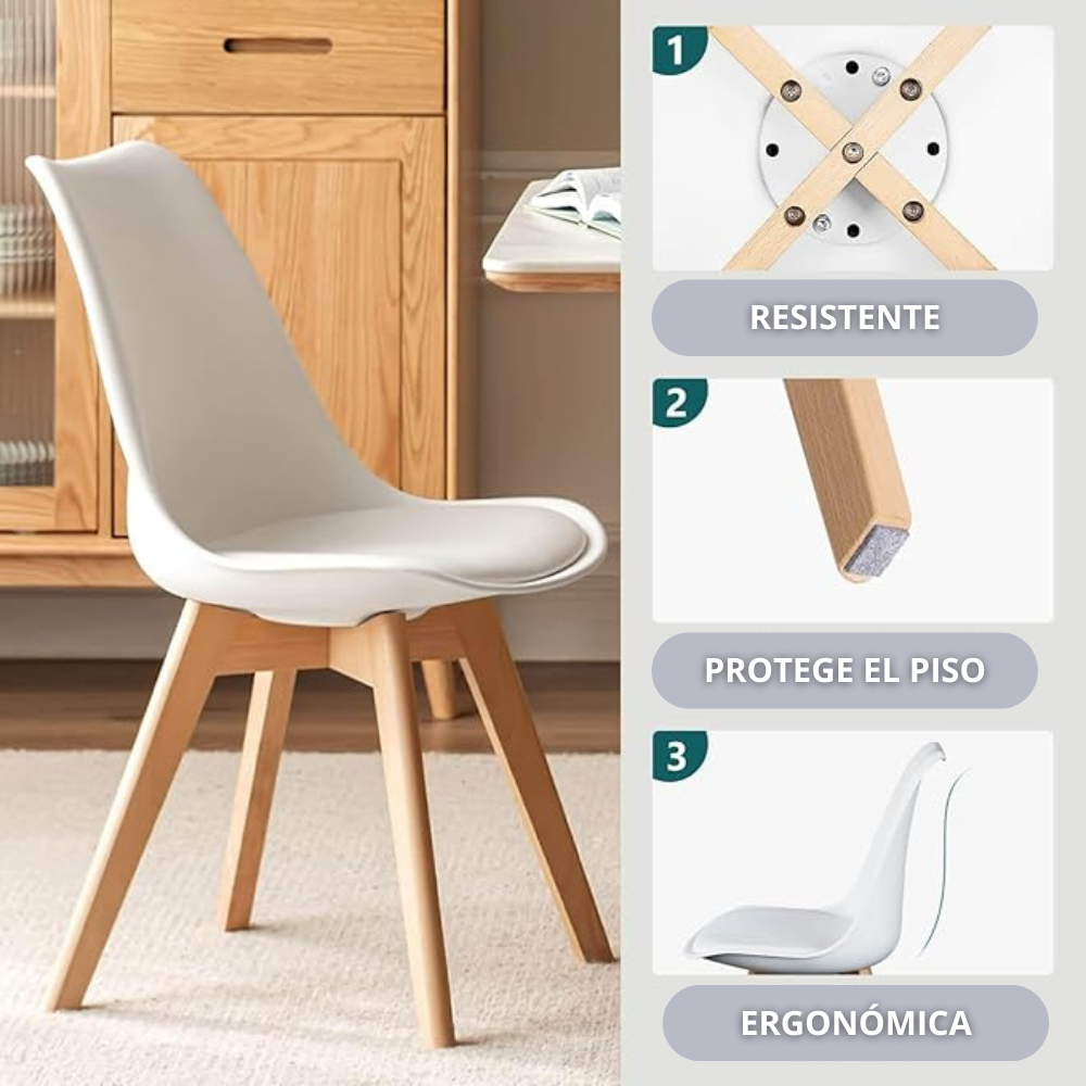 Silla Tulip Blanca Acolchada - Base Madera