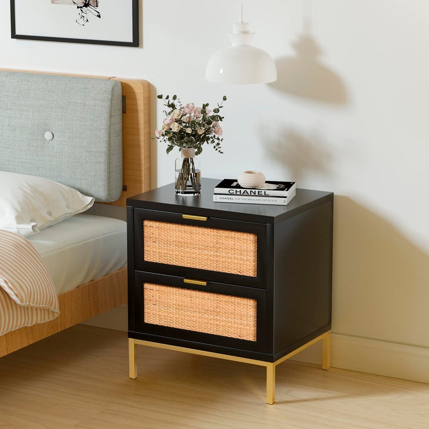 Velador Rattan Dark - MDF Negro 2 Cajones