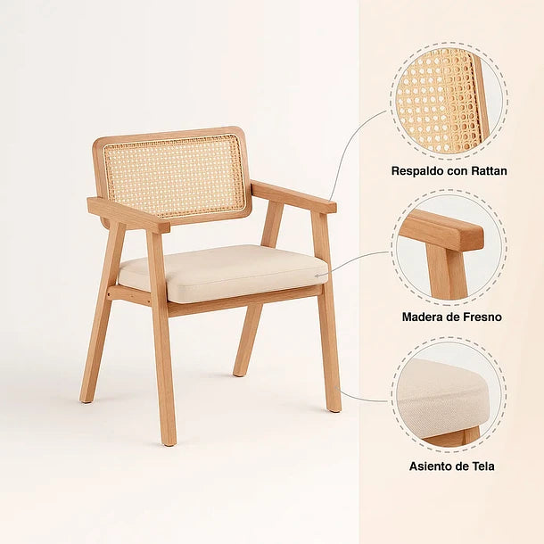 Silla Chandigarh Acolchada - Madera Natural Rattan