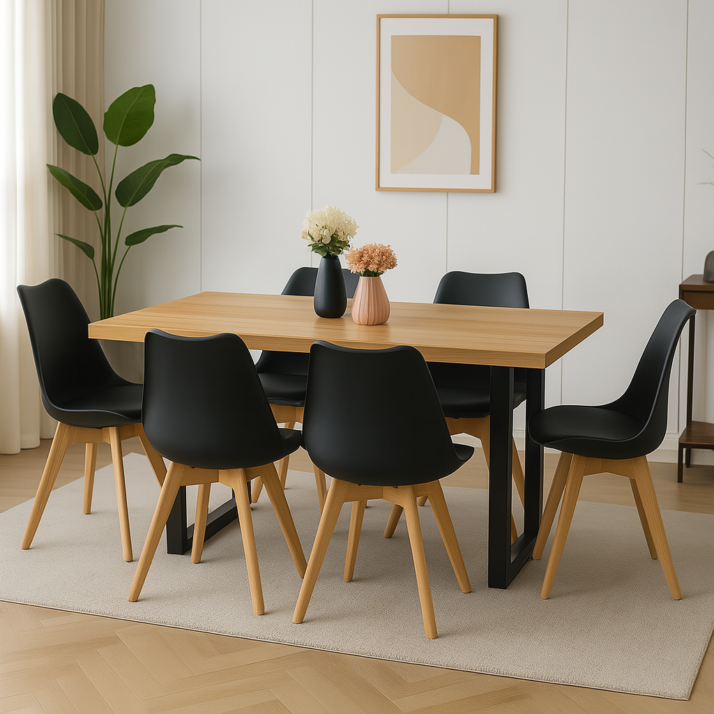 Comedor Mesa MDF Estilo Industrial 140x90 + 6 Sillas Tulip Acolchadas