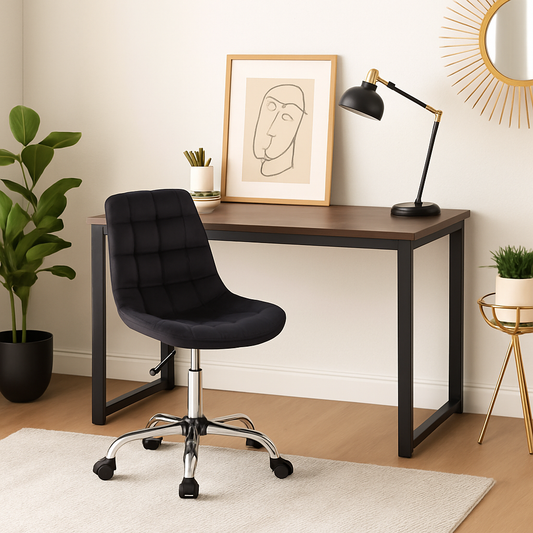 Escritorio MDF Industrial Madera Oscura + Silla Capitone Velvet Oficina