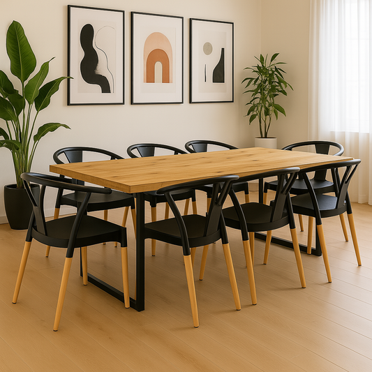 Comedor Industrial Madera Natural 240x90 + 8 Sillas Wishbone Polipropileno