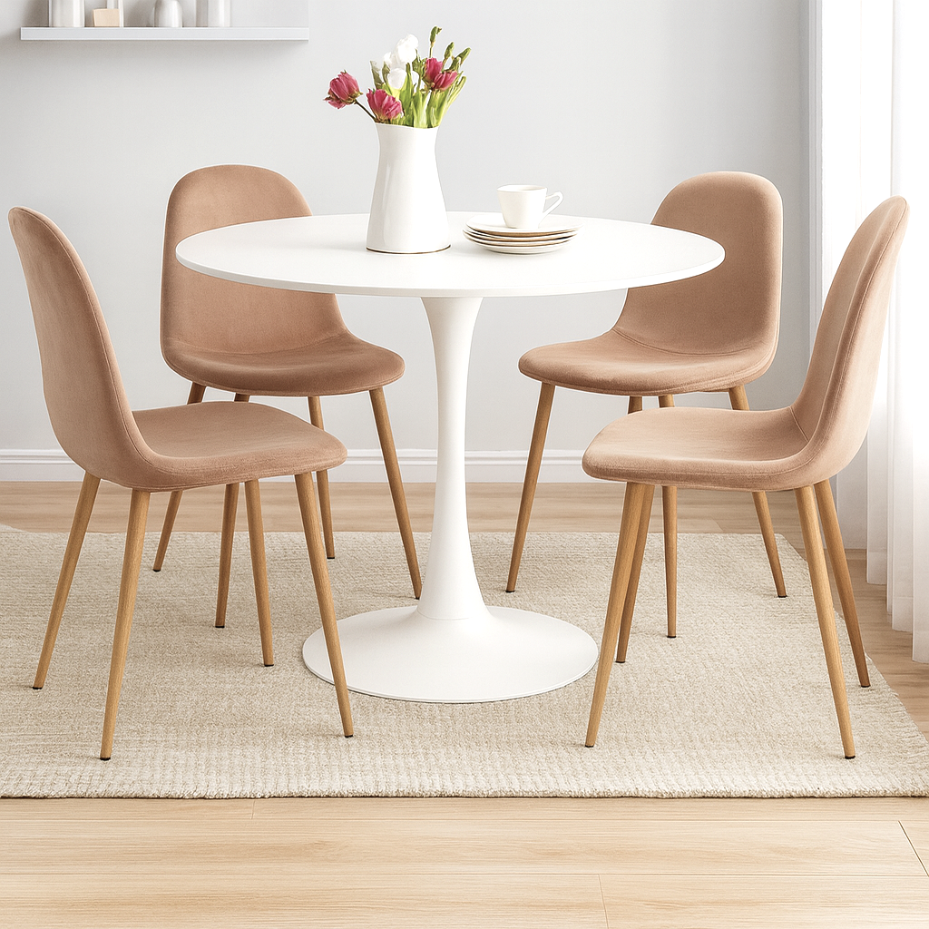 Mesa Tulip Blanca 100 Cm + 4 Sillas Spoon Terciopelo