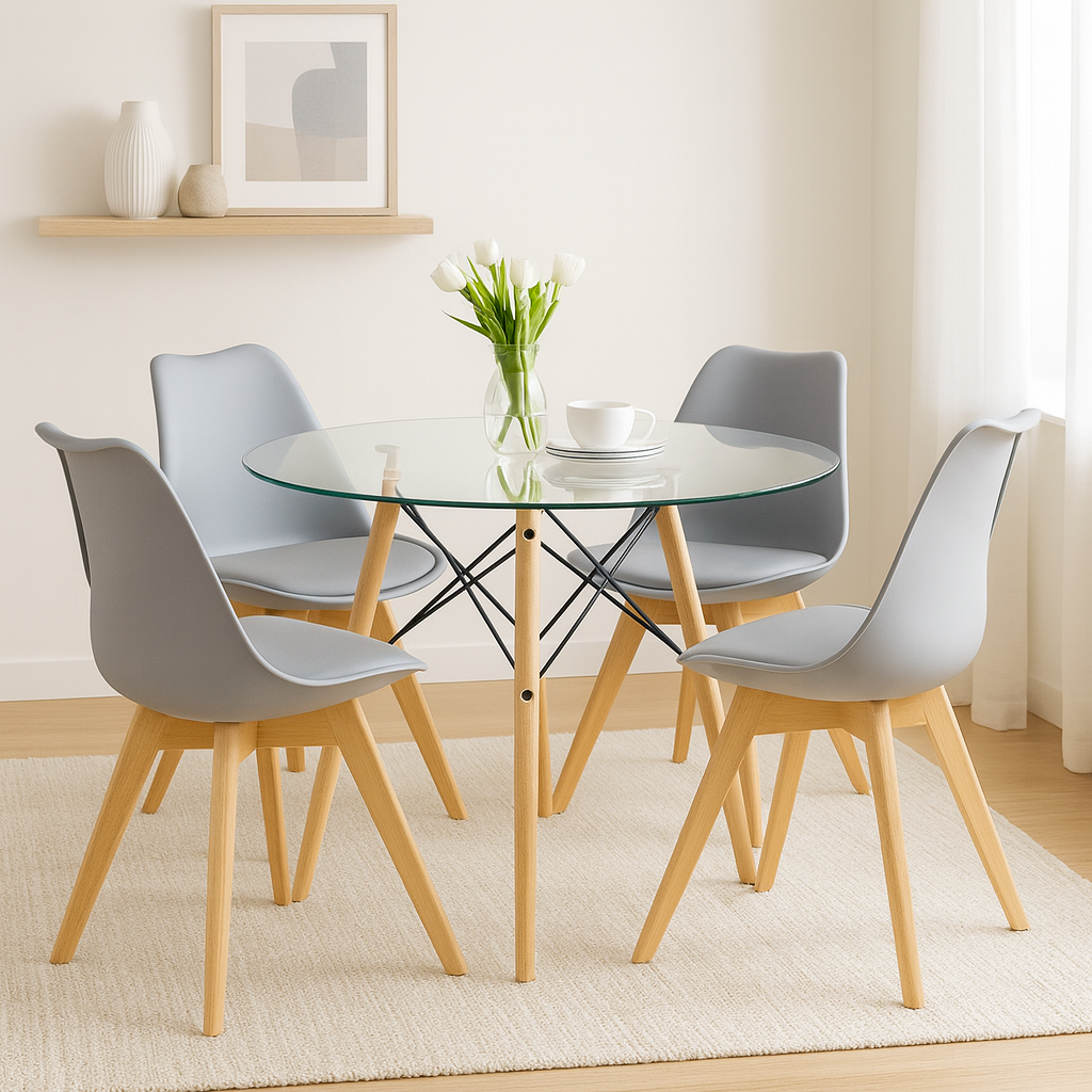 Mesa Eames Vidrio 100 Cm + 4 Sillas Tulip Acolchadas