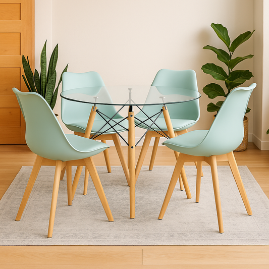 Mesa Eames Vidrio 100 Cm + 4 Sillas Tulip Acolchadas