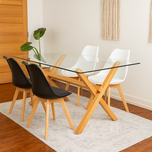Mesa Vidrio Cross 140x90 Cm + 4 Sillas Tulip Acolchadas
