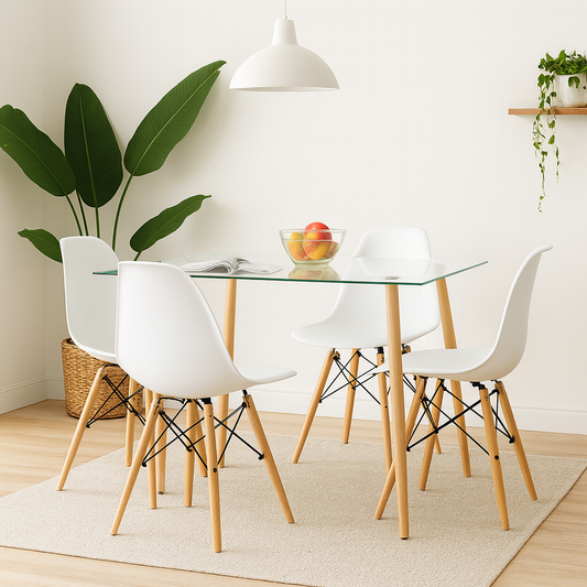 Mesa Vidrio Scoop 120x80 Cm + 4 Sillas Eames