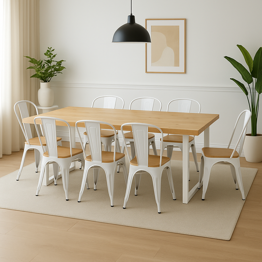 Comedor Industrial Madera Natural 200x90 Fierro Blanco + 8 Sillas tolix blanca wood