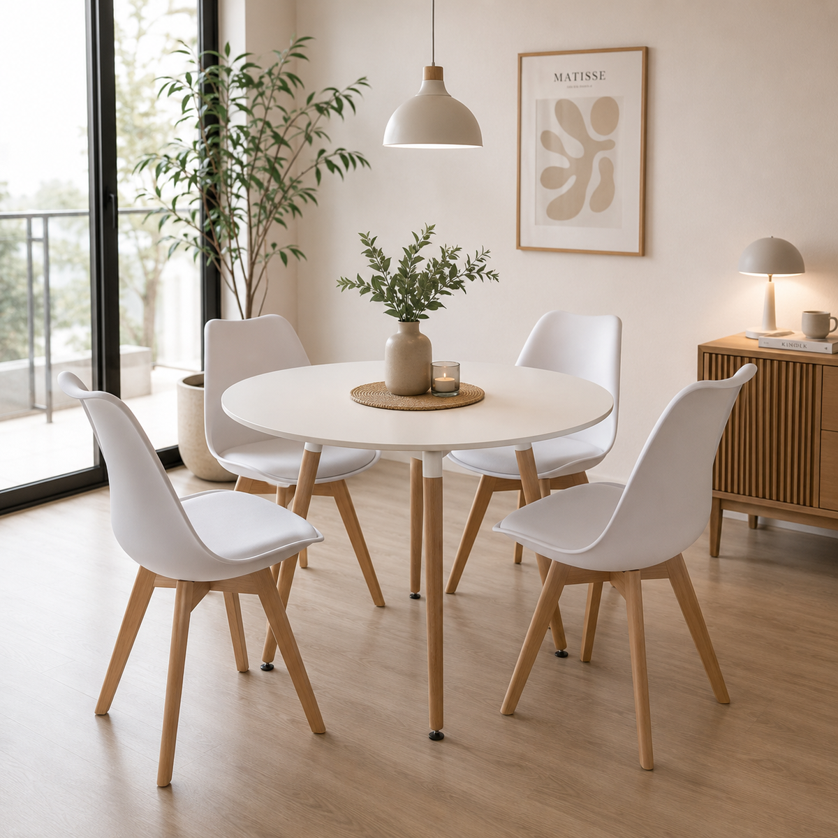 Comedor 4 Sillas Tulip + Mesa Eames Basic Blanca 100 Cm