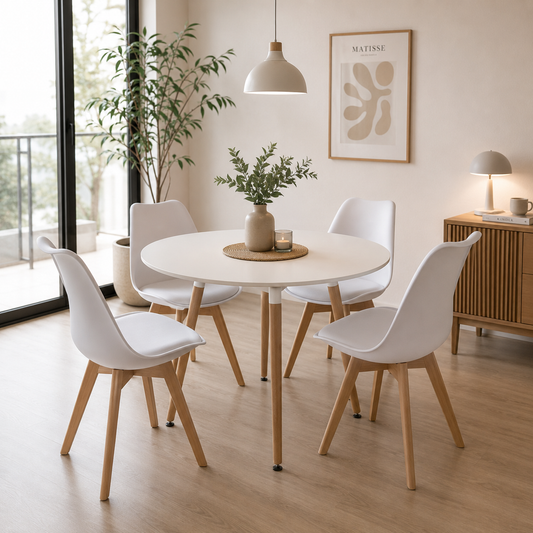 Comedor 4 Sillas Tulip + Mesa Eames Basic Blanca 100 Cm