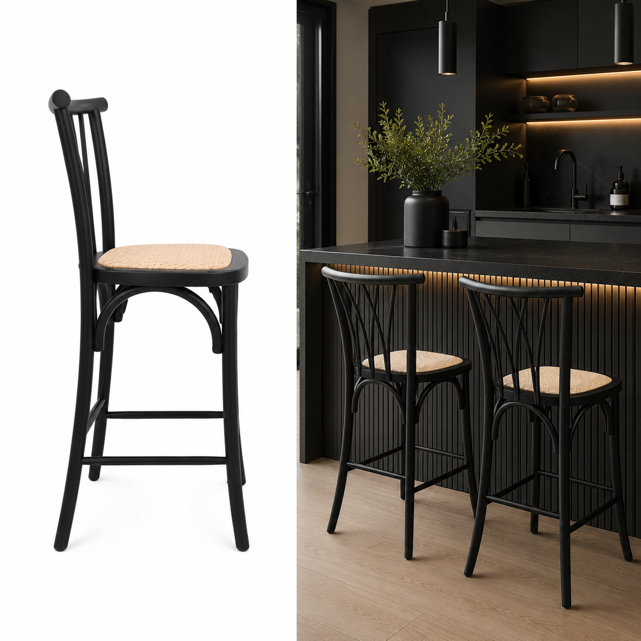 Taburete Andes Negro - Madera Rattan 66 Cm