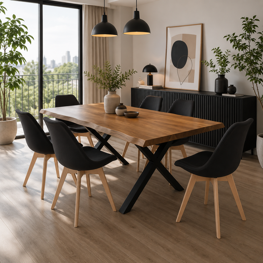 Comedor 6 Sillas Tulip Lino + Mesa XWood Rustic Madera 160x90