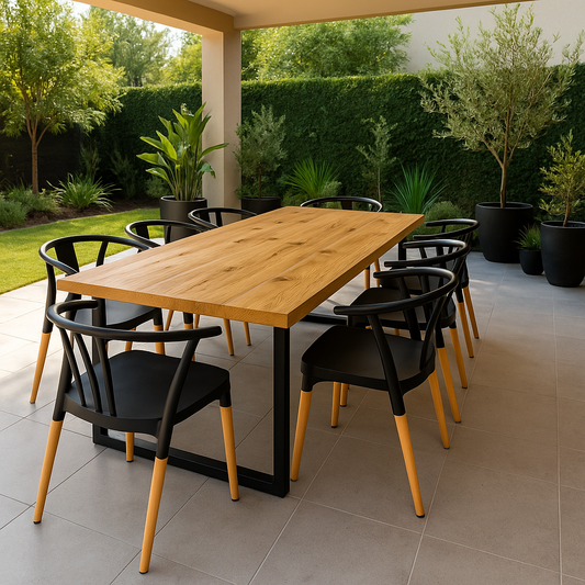 Comedor Terraza Industrial Madera Natural 240x90 + 8 Sillas Wishbone Polipropileno