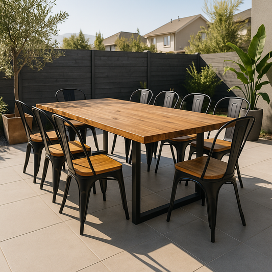 Comedor Terraza Industrial Madera Natural 200x90 + 8 Sillas Tolix Madera