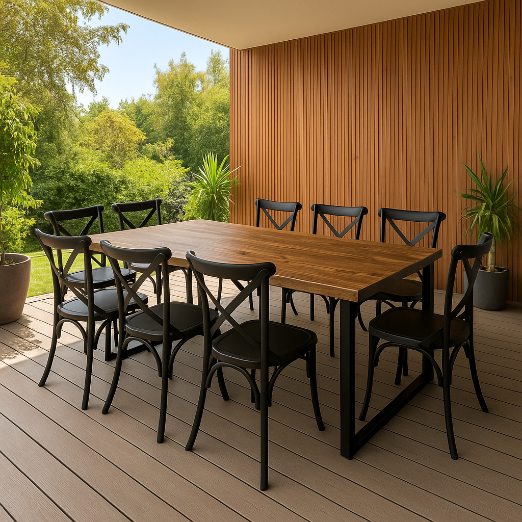 Comedor Terraza Industrial Madera Natural 200x90 + 8 Sillas Crossback Danubio