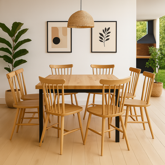 Comedor Industrial Madera Natural 120x120 + 8 Sillas Windsor Madera