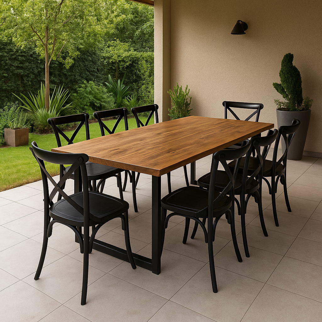 Comedor Terraza Industrial Madera Natural 200x90 + 8 Sillas Crossback Danubio
