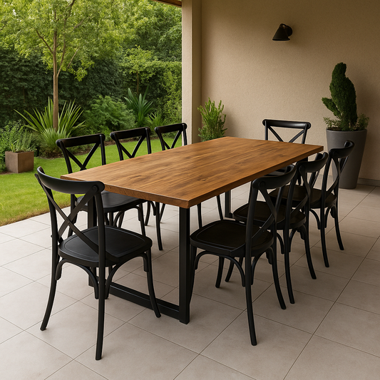 Comedor Terraza Industrial Madera Natural 200x90 + 8 Sillas Crossback Danubio