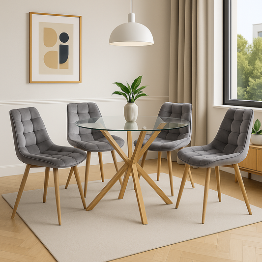 Mesa Vidrio Cross 100 Cm + 4 Sillas Capitone Macron Wood