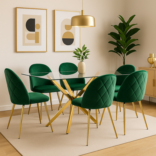 Mesa Madrid Vidrio Gold 140x80 Cm + 6 Silla Velvet Diamante Gold