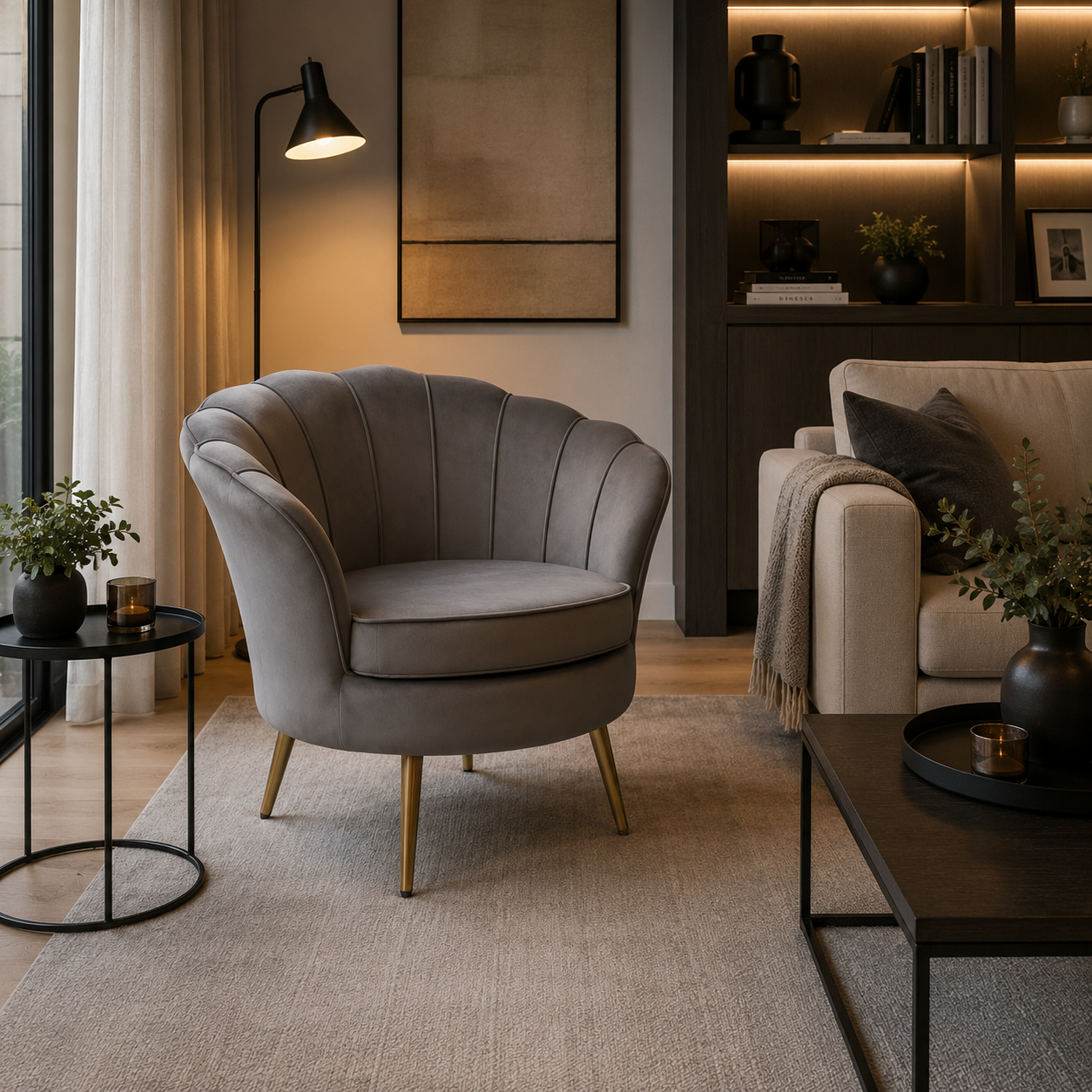 Poltrona Pétalo Velvet Gris - Terciopelo Base Metal Dorado