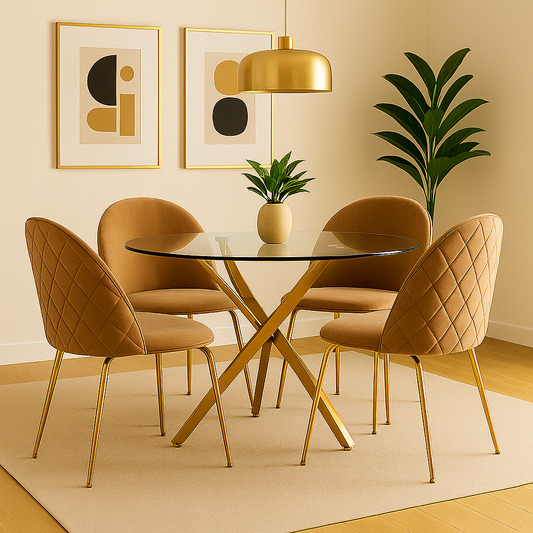 Mesa Vidrio Dubai Gold 120 Cm + 4 Sillas Velvet Diamante