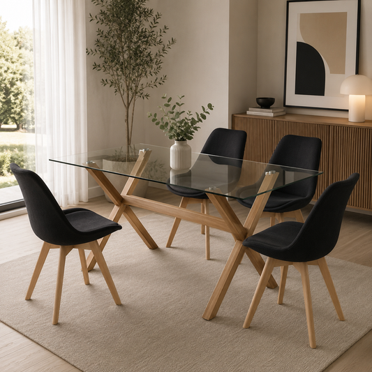 Comedor 4 Sillas Tulip Lino + Mesa Vidrio Cross 140x90