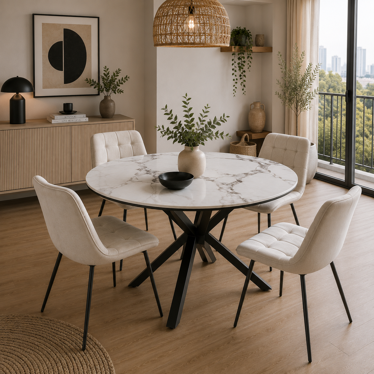 Comedor 4 Sillas Capitone Macron + Mesa Madrid Stone Redonda