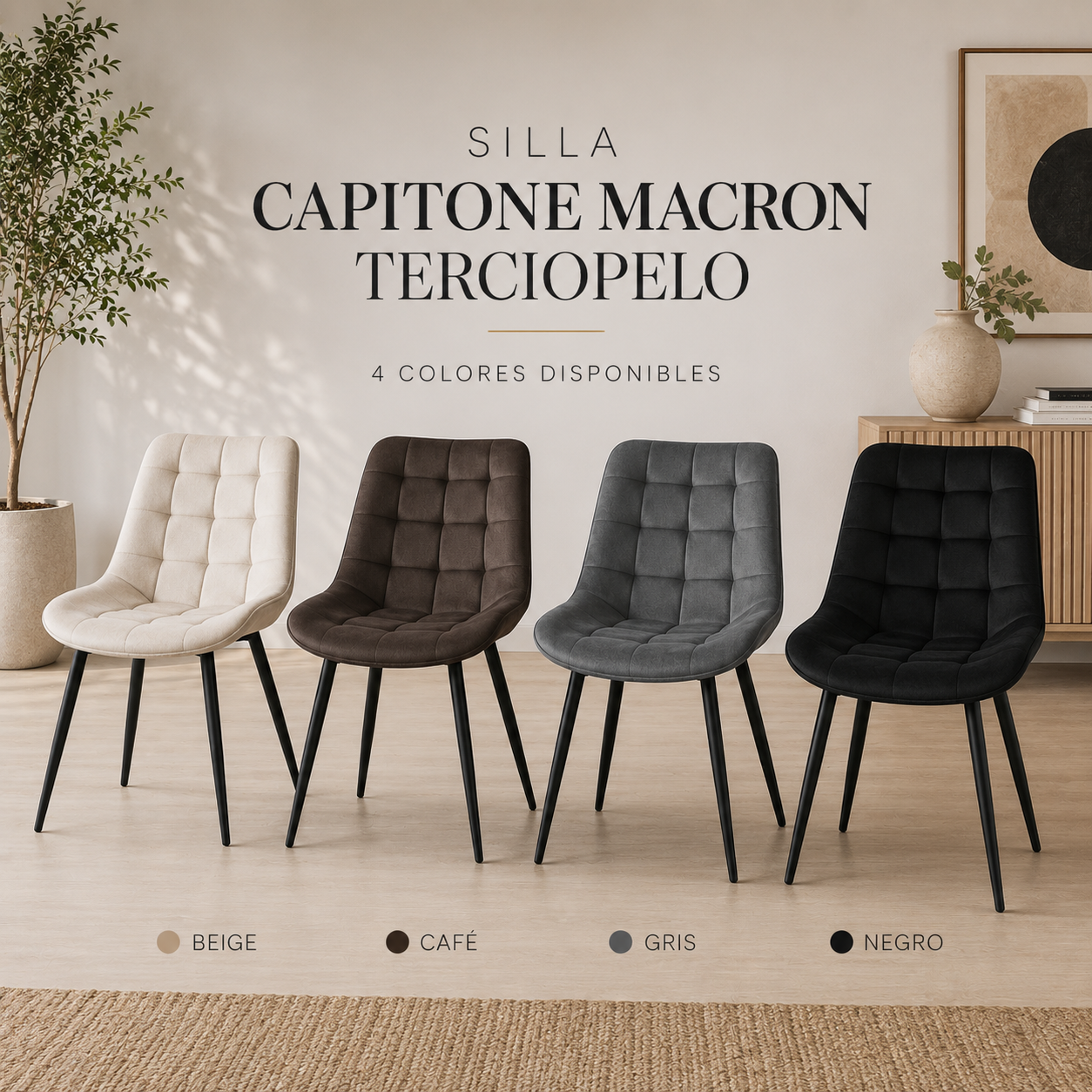 Comedor 4 Sillas Capitone Macron + Mesa Madrid Stone Redonda