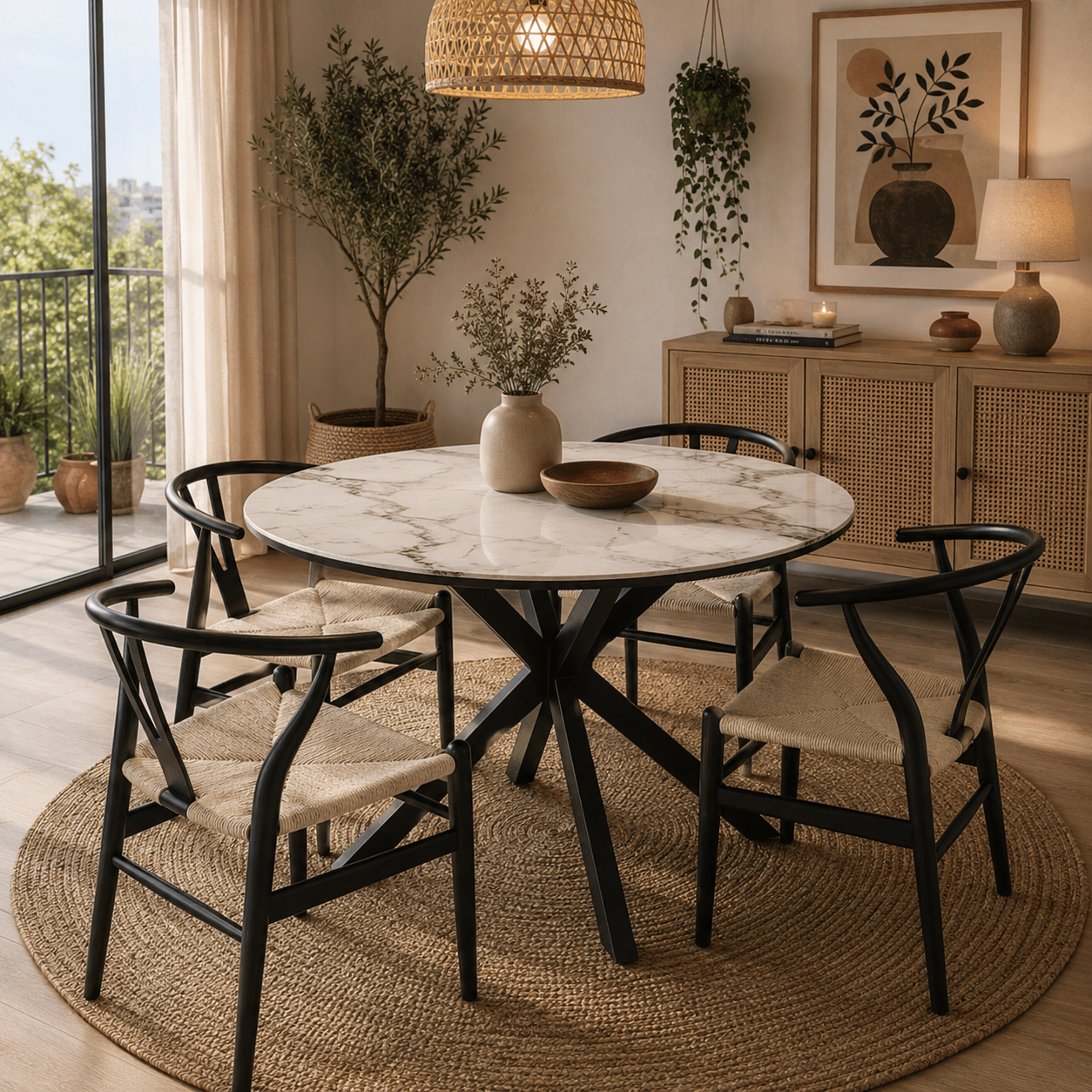 Comedor 4 Sillas Wishbone + Mesa Madrid Stone Redonda