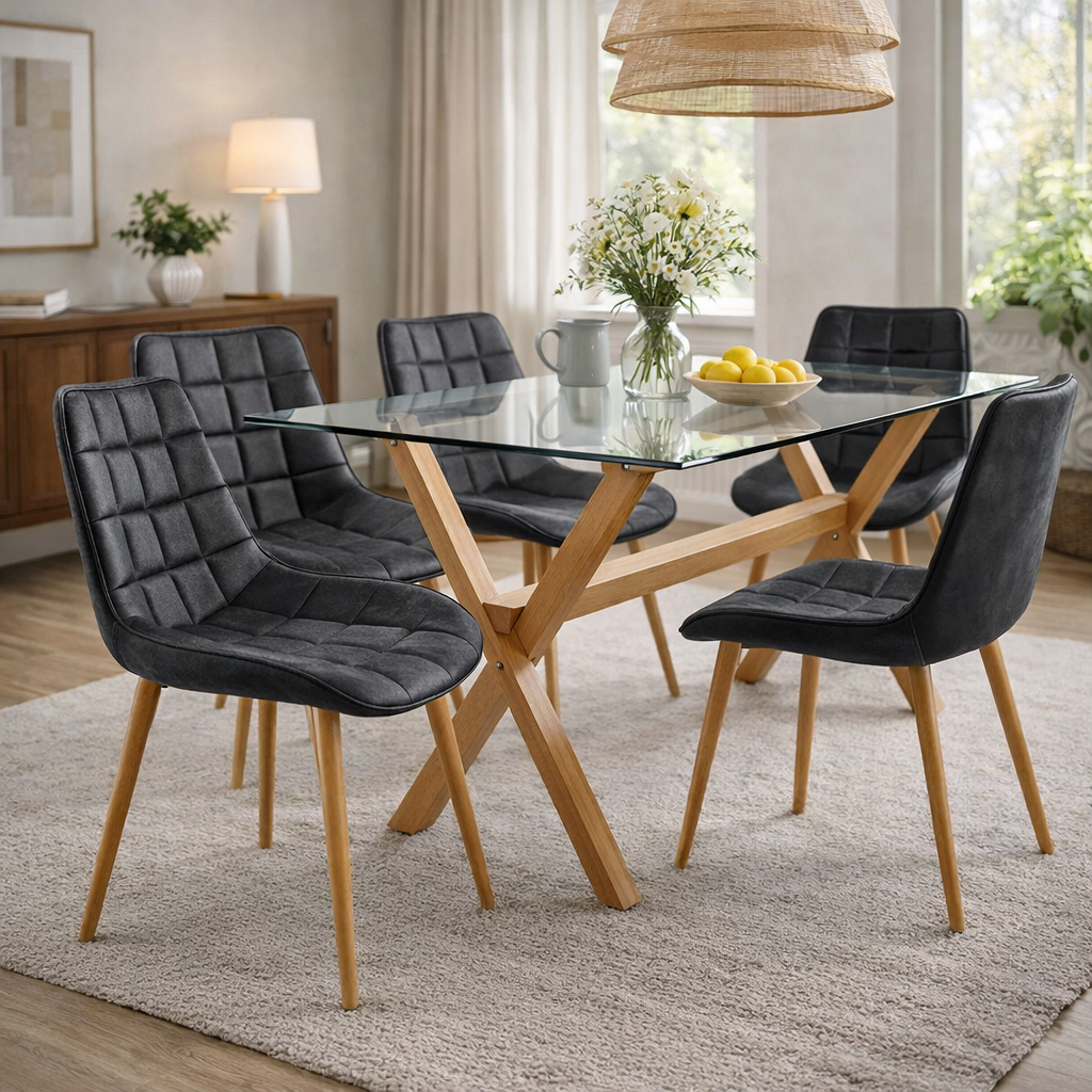 Comedor Mesa Vidrio Cross 140x90 + 6 Sillas Capitone Vintage